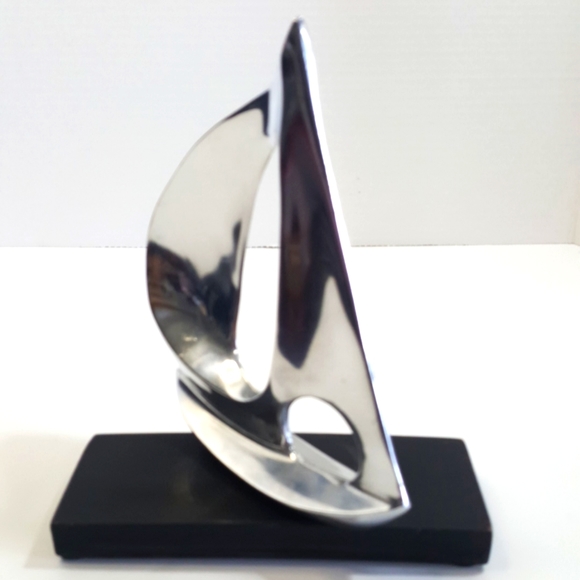 Sail Boat Spinnaker Silver Metal Aluminum Sculpture on Wood Stand - 8 in. tall - Picture 5 of 8